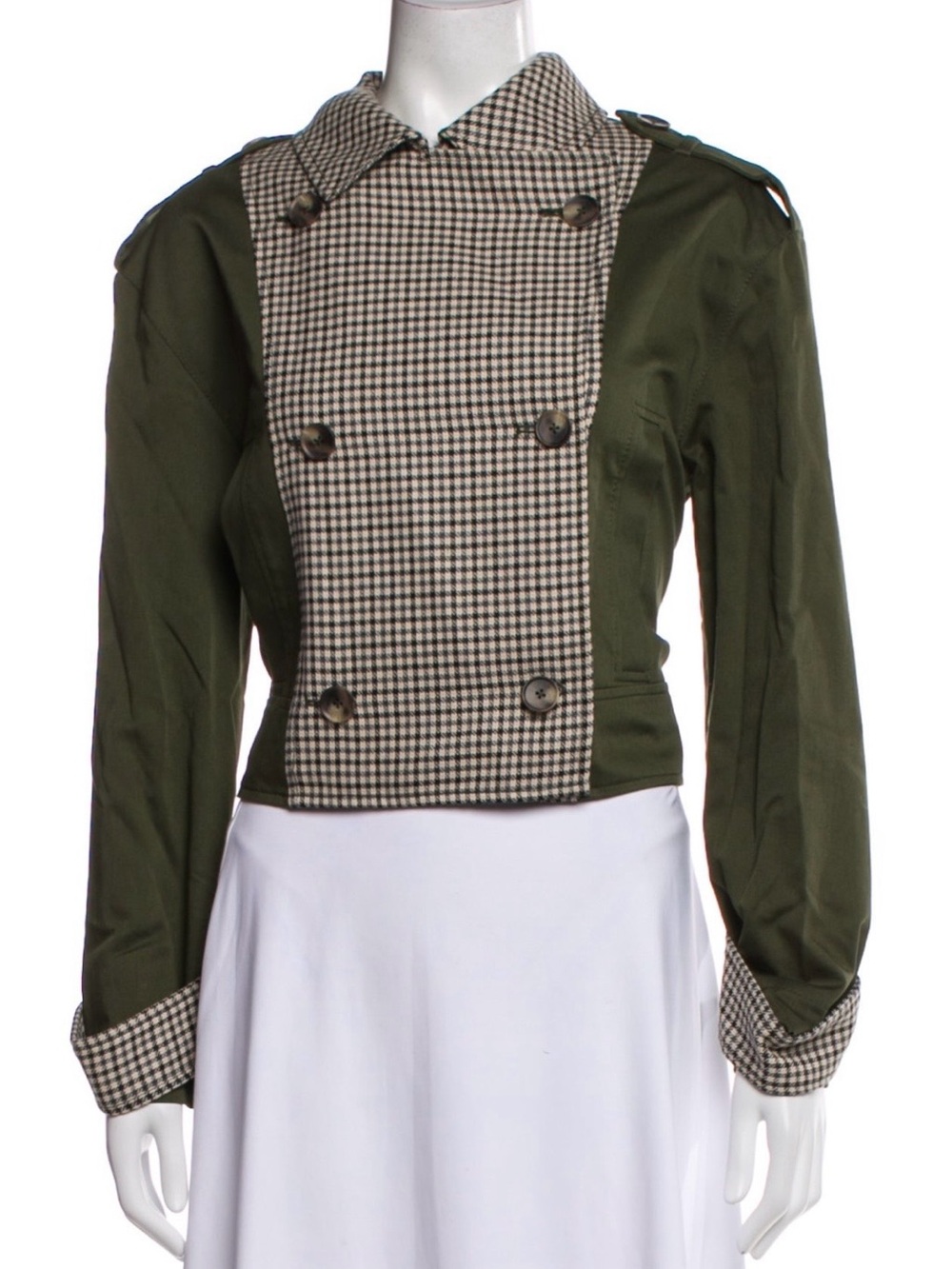 Tanya Taylor Olive Green Cropped Pea Coat with Black-and-White Houndstooth Panel